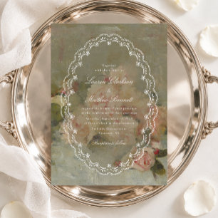 Vintage Floral Painting Oval Lace Frame Wedding Invitation