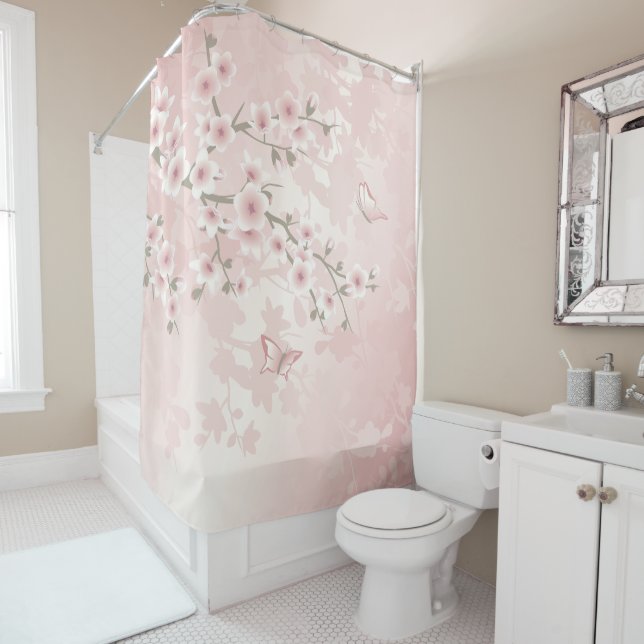 Vintage Floral Pastel Cherry Blossoms Shower Curtain (In Situ)