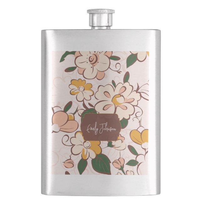 Vintage Floral Pattern Custom Name Hip Flask (Front)