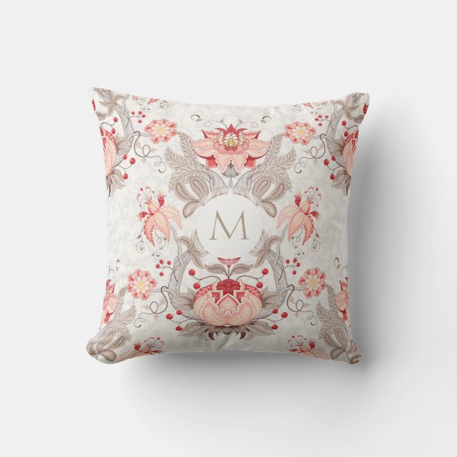 Vintage Floral Pattern Monogram Square Pillow (Front)