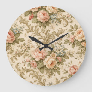 Vintage Floral Pattern Wallpaper Large Clock