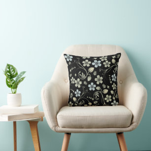 Vintage Floral Pattern with Ladybugs on Black Cushion