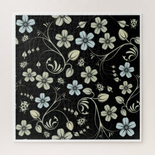 Vintage Floral Pattern with Ladybugs on Black Jigsaw Puzzle