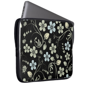 Vintage Floral Pattern with Ladybugs on Black Laptop Sleeve