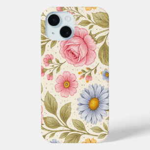 Vintage Floral Pattern with Roses and Daisies iPhone 15 Case