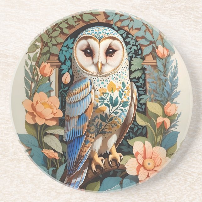Vintage Floral Patterned Barn Owl Coaster (Front)