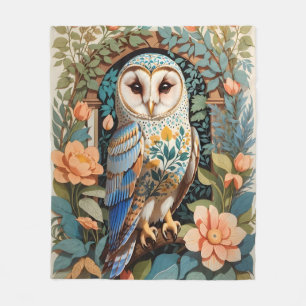 Vintage Floral Patterned Barn Owl Fleece Blanket