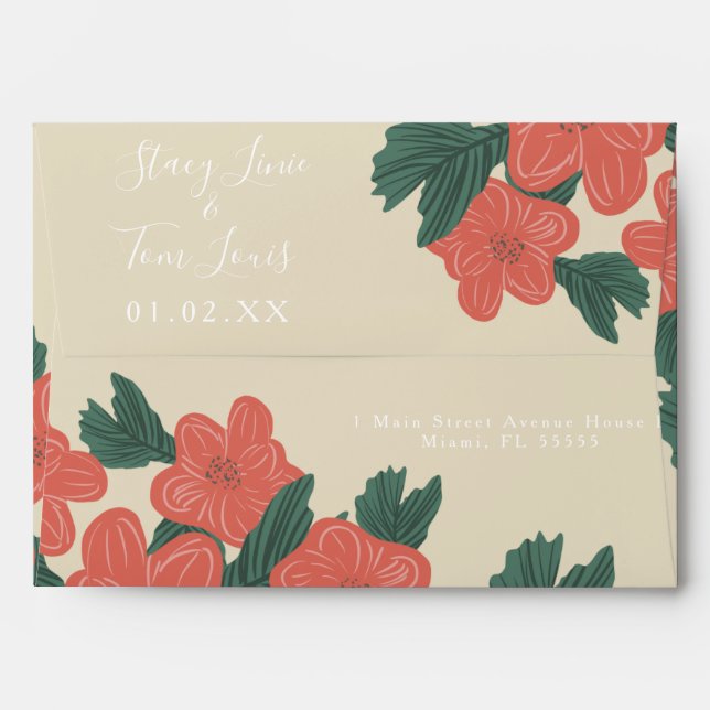 Vintage Floral Peach Hand Drawn Wedding  Envelope (Back (Top Flap))