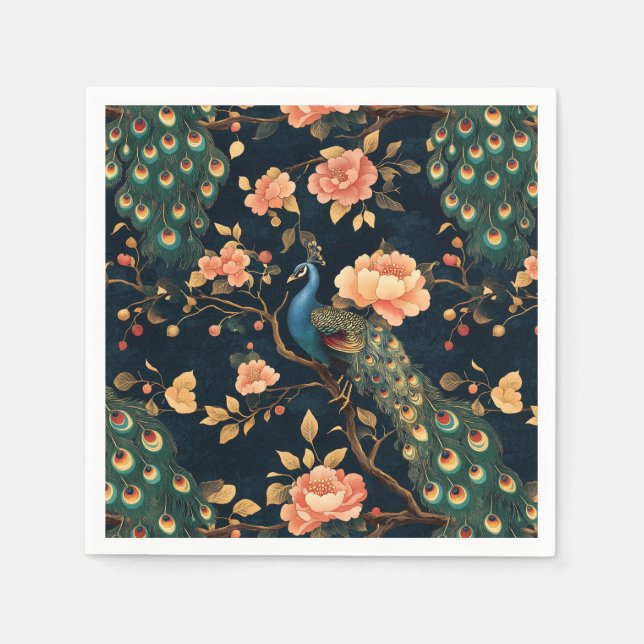 Vintage Floral Peacock Pattern Napkin (Front)