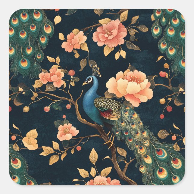 Vintage Floral Peacock Pattern Square Sticker (Front)