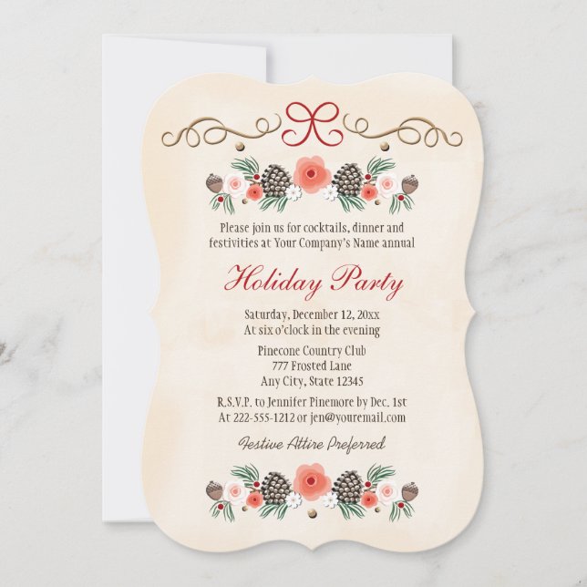 Vintage Floral Pinecone Business Holiday Party Invitation (Front)