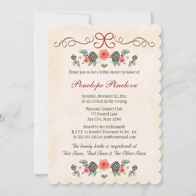 Vintage Floral Pinecone Christmas Bridal Shower Invitation (Front)