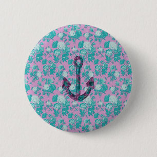 Vintage Floral Pink and Blue Anchor 6 Cm Round Badge