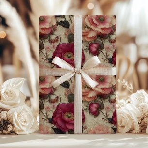 Vintage Floral Pink and Peach Rose Garden Romantic Wrapping Paper Sheet