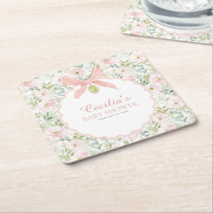 Vintage Floral Pink Bow Girl Baby Shower Square Paper Coaster