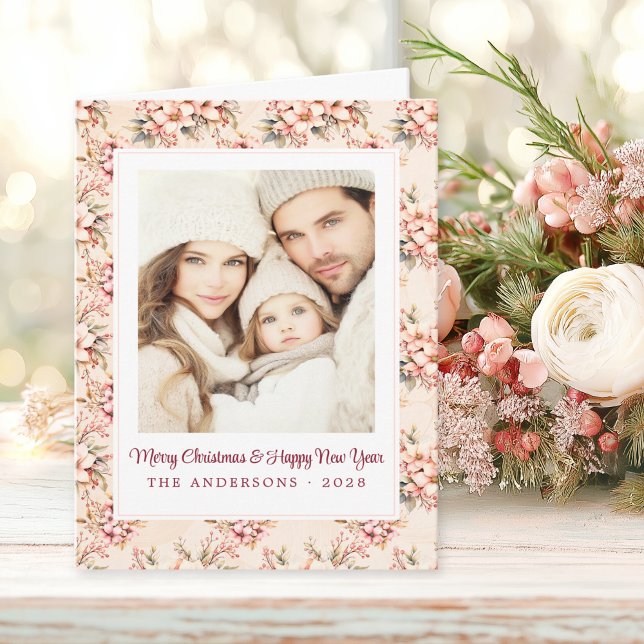 Vintage Floral Pink Christmas Customisable Card (Shabby Chic Christmas Card)