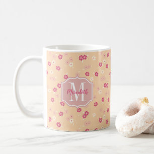 Vintage Floral Pink Coral Daisies Monogram Coffee Mug
