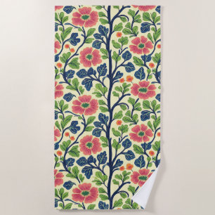 Vintage Floral Pink Flowers Lush Green Foliage Beach Towel