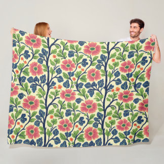 Vintage Floral Pink Flowers Lush Green Foliage Fleece Blanket
