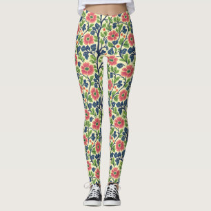 Vintage Floral Pink Flowers Lush Green Foliage Leggings
