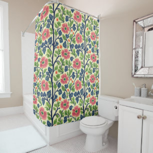 Vintage Floral Pink Flowers Lush Green Foliage Shower Curtain