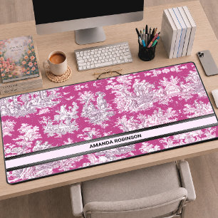 Vintage floral pink magenta toile de jouy monogram desk mat