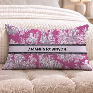 Vintage floral pink magenta toile de jouy monogram lumbar cushion