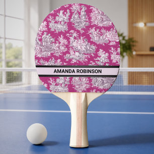 Vintage floral pink magenta toile de jouy monogram ping pong paddle