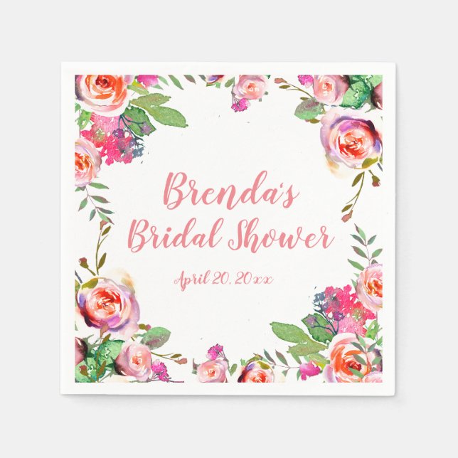 Vintage Floral Pink Personalised Bridal Shower Napkin (Front)