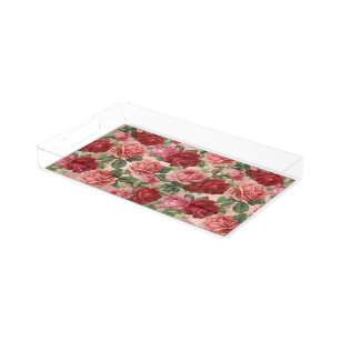 Vintage Floral Pink Rose Gold Monogram Initial Acr Acrylic Tray