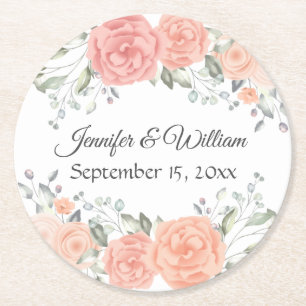 Vintage Floral Pink Rose Watercolor Wedding Summer Round Paper Coaster