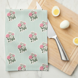 Vintage Floral Pink Roses Green Striped Tea Towel