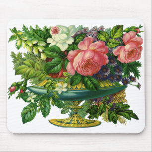 Vintage Floral Pink Roses, Vase of Flowers Mouse Pad