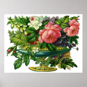 Vintage Floral Pink Roses, Vase of Flowers Poster