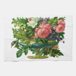 Vintage Floral Pink Roses, Vase of Flowers Tea Towel