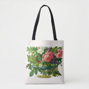 Vintage Floral Pink Roses, Vase of Flowers Tote Bag