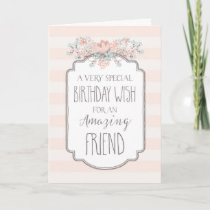 Vintage Floral Pink Stripes Friend Birthday Card