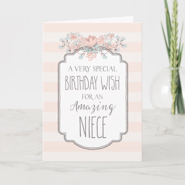 Vintage Floral Pink Stripes Niece Birthday Card (Front)