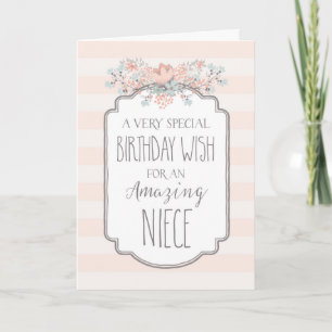 Vintage Floral Pink Stripes Niece Birthday Card