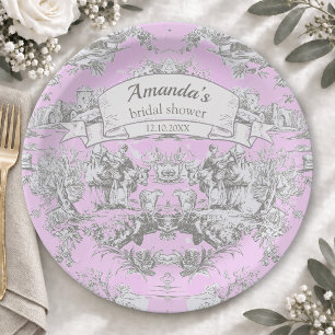 Vintage floral pink toile de jouy Bridal shower Paper Plate