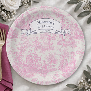 Vintage floral pink toile de jouy shower  paper plate