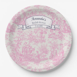 Vintage floral pink toile de jouy shower paper plate