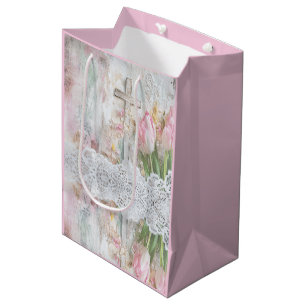 Vintage Floral Pink Tulip Cross Lace Decoupage Medium Gift Bag