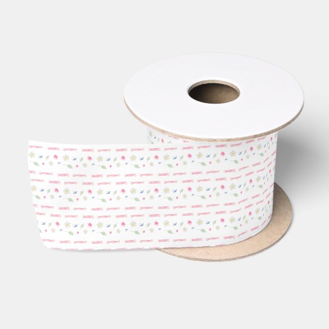 Vintage Floral Pink White Pattern Satin Ribbon (Spool)