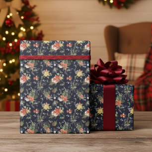 Vintage Floral Poinsettia Christmas Pattern Blue Wrapping Paper