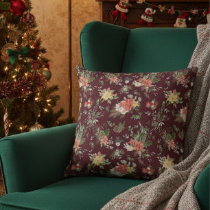 Vintage Floral Poinsettia Christmas Pattern Red Cushion