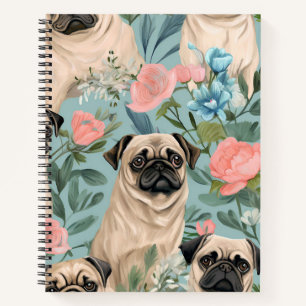 Vintage Floral Pug Pattern Cute Botanical Dog Notebook