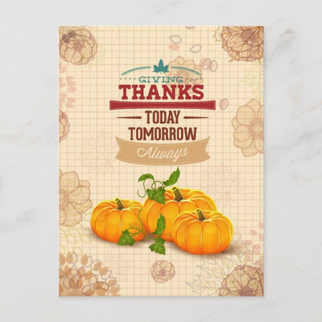 Vintage Floral Pumpkin Happy Thanksgiving Postcard (Front)