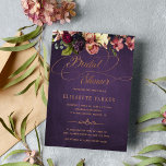 Vintage floral purple gold script bridal shower invitation<br><div class="desc">Luxury elegant dark purple plum chalkboard bridal shower invitation featuring a garland of vintage pink,  plum indigo and ivory cream flowers and an elegant classic copper faux gold metallic typography.               Suitable for vintage romantic,  moody elegant formal black tie summer night,  autumn fall or winter bridal parties.</div>