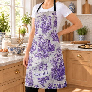 Vintage floral purple toile de jouy monogram apron